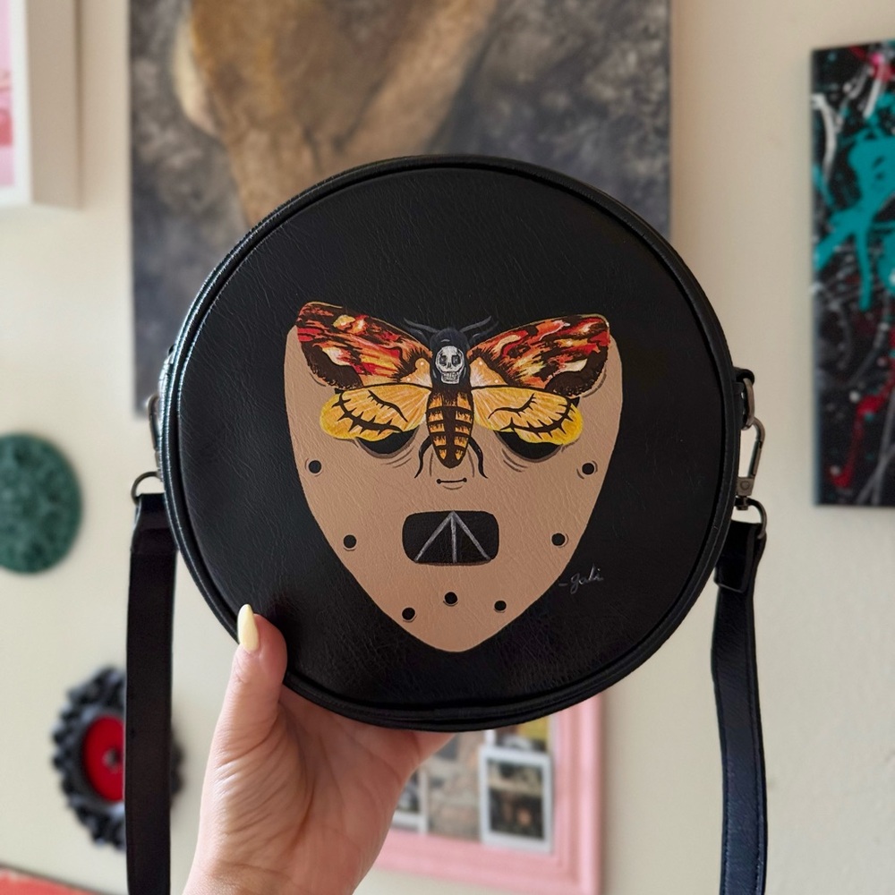Black Crossbody Bag with Moth Design